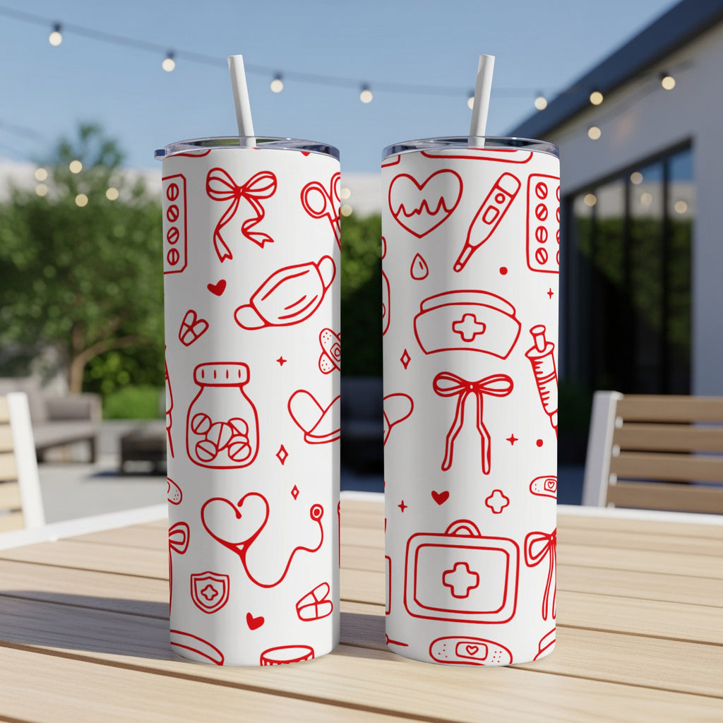 Two white tumblers with red medical icons and patterns.