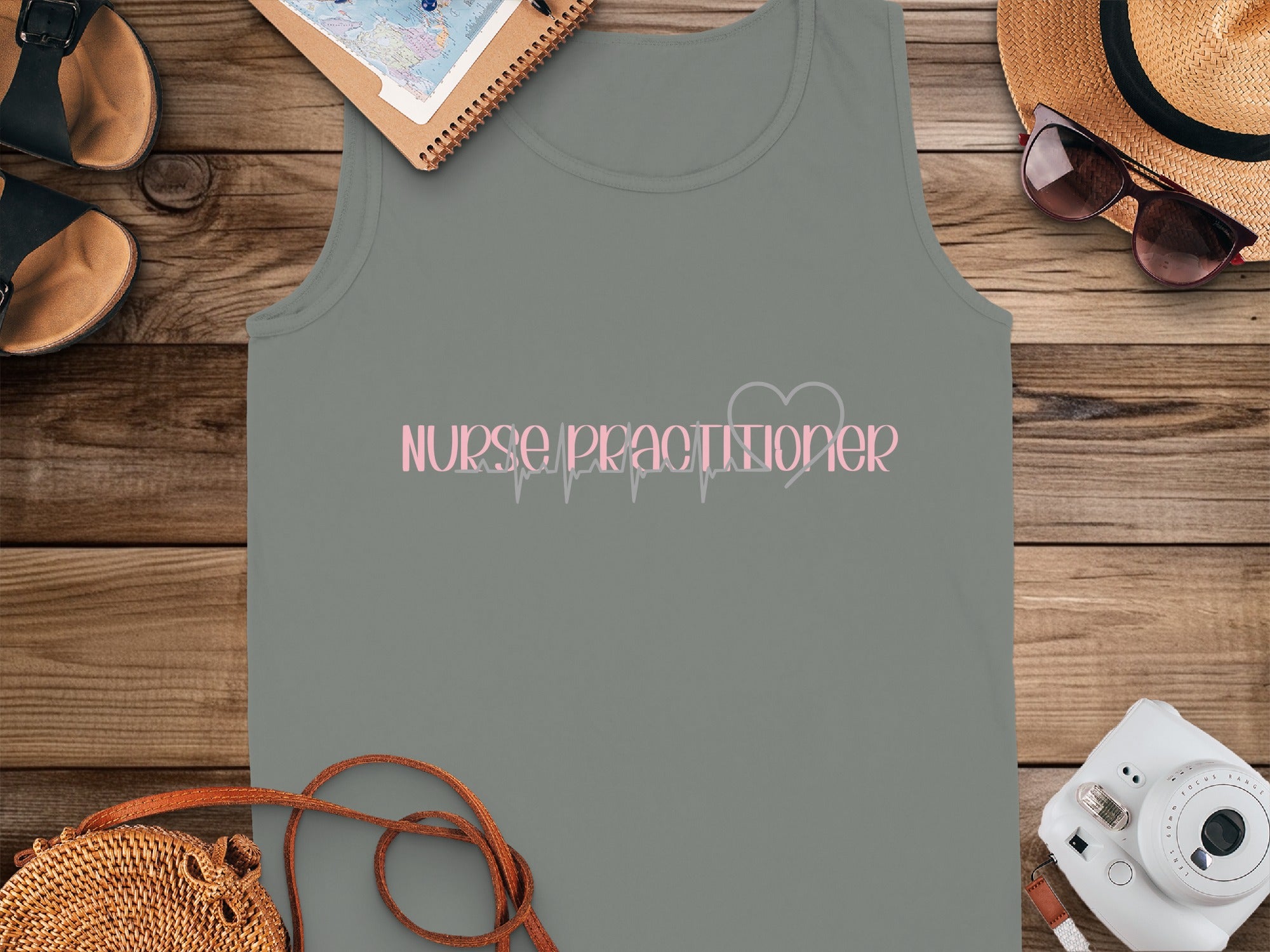 Gray tank top with "Nurse Practitioner" text and heartbeat EKG line graphic.
