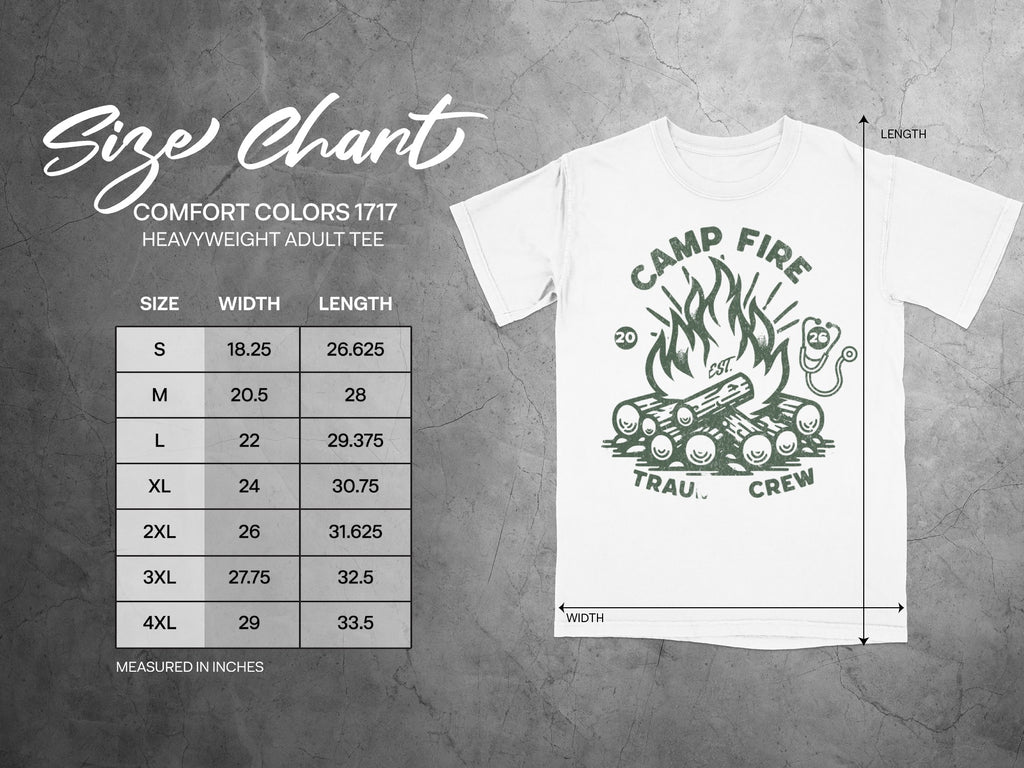 Comfort Colors 1717 size chart for heavyweight adult tee with chest and length measurements.