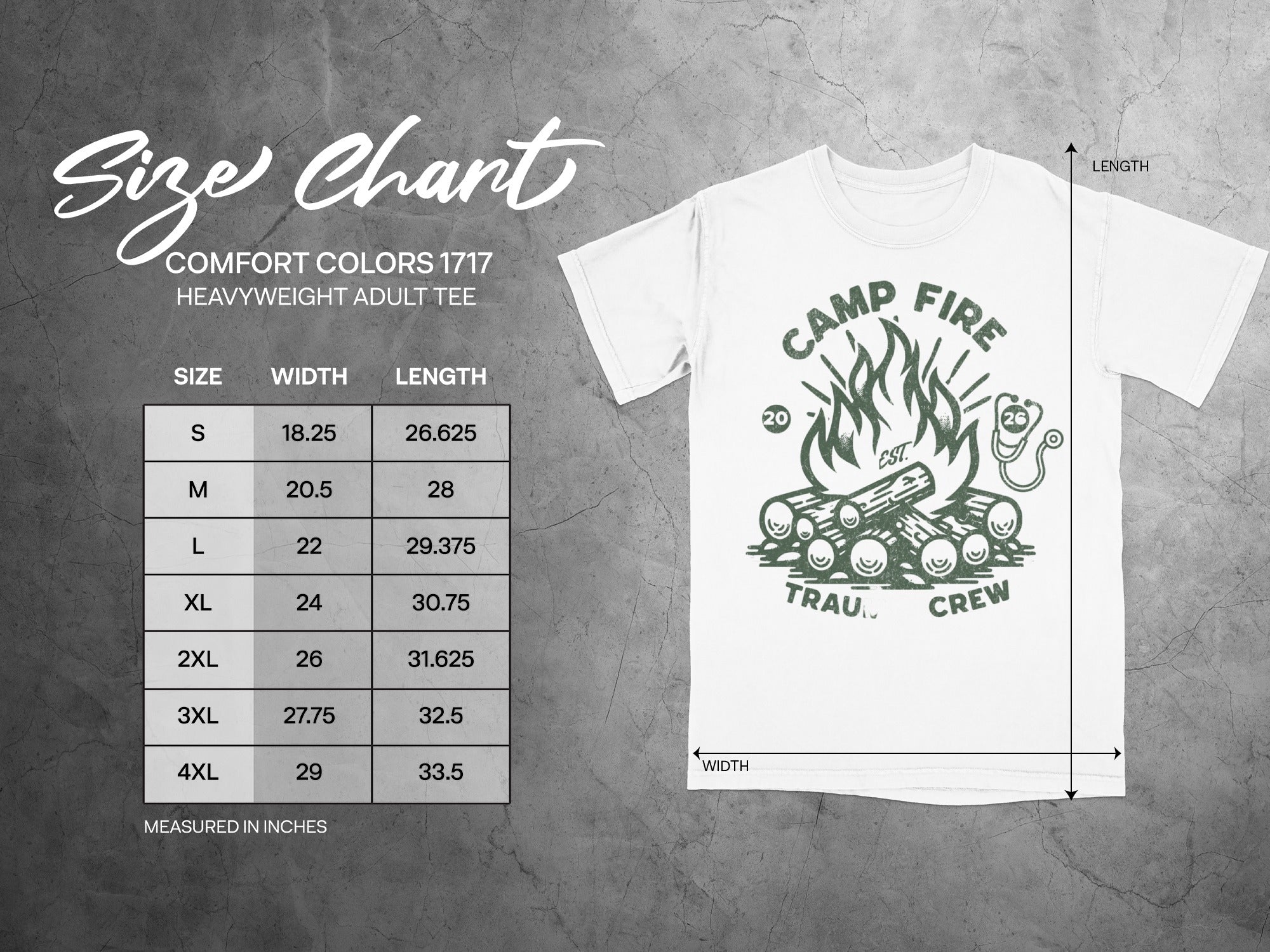 Comfort Colors 1717 size chart for heavyweight adult tee with chest and length measurements.