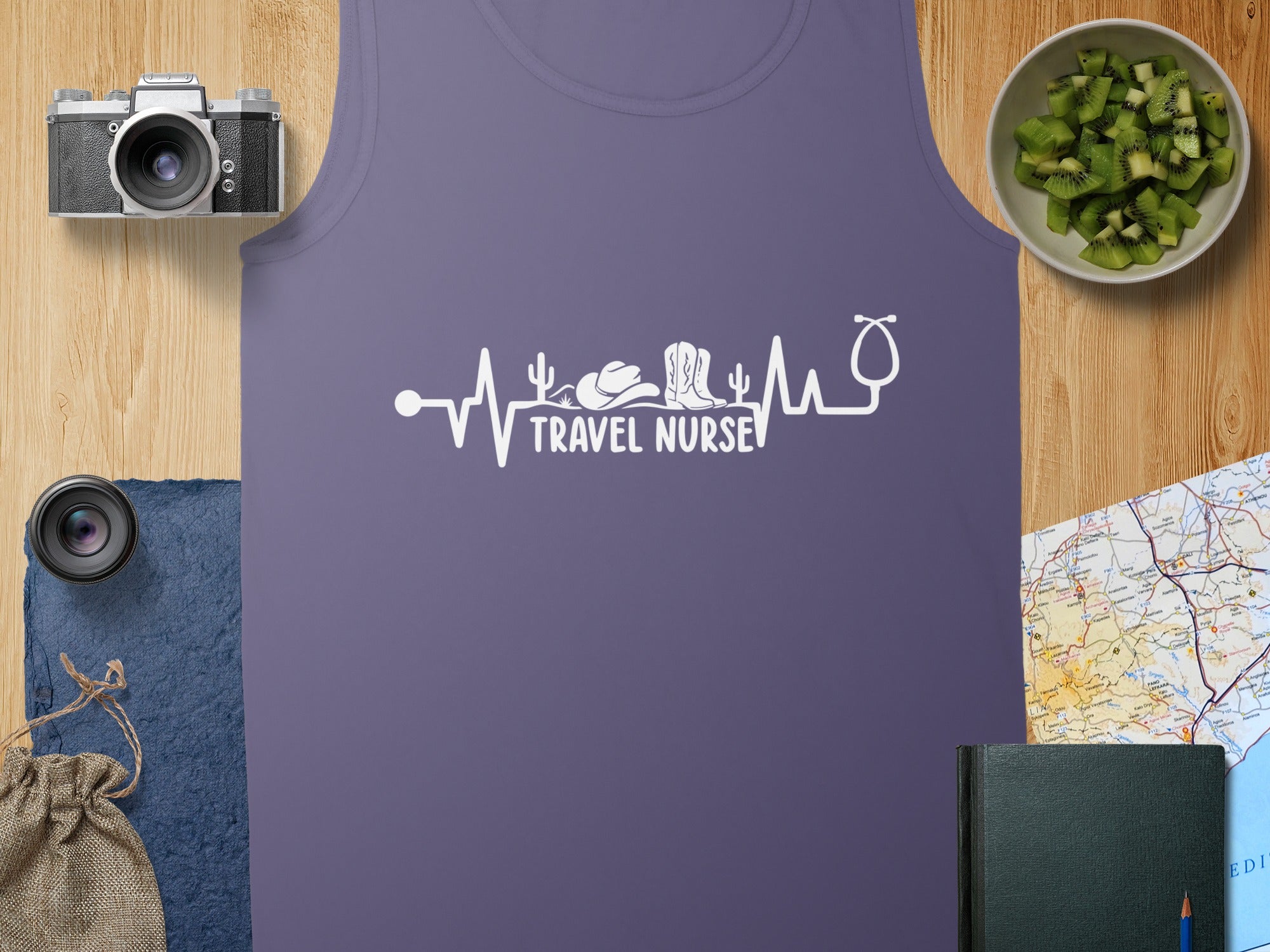 Purple tank top with "Travel Nurse" text and medical/travel icons.