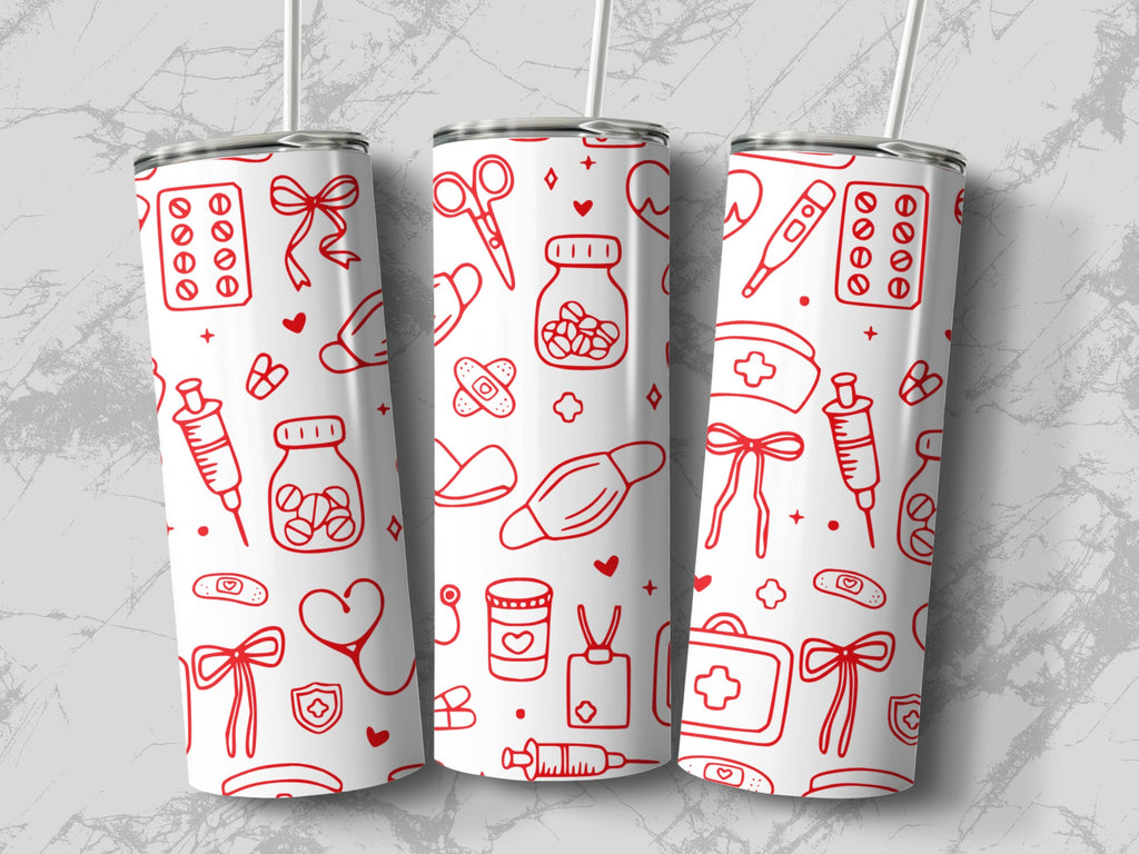 Three tumblers with red medical icons on a marbled background.