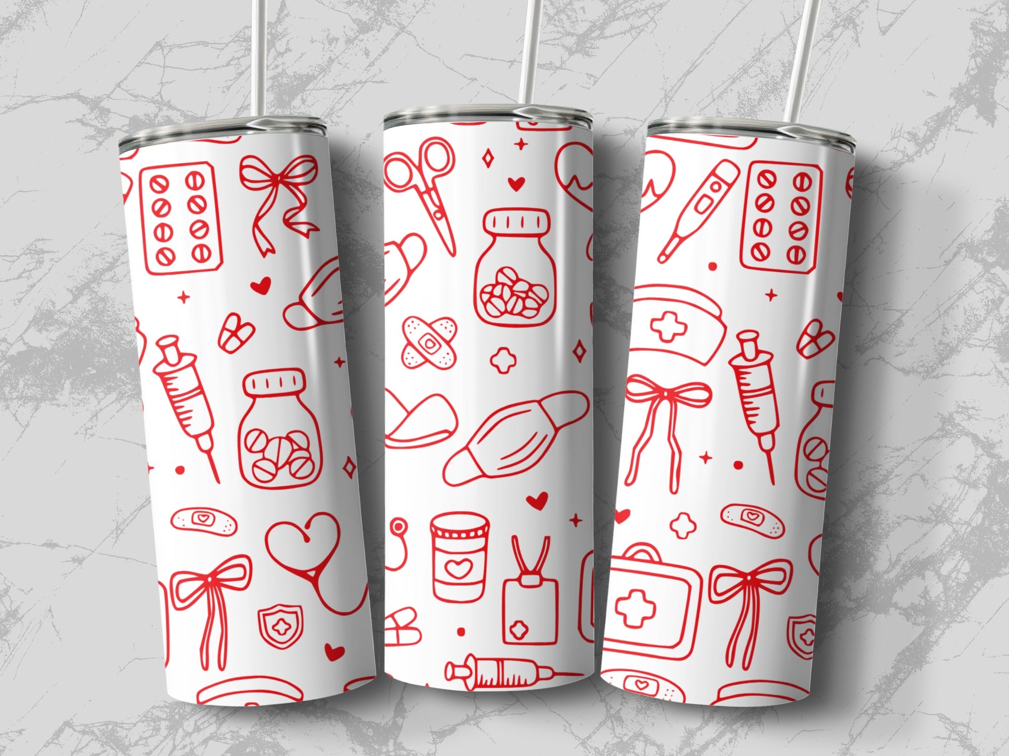 Three tumblers with red medical icons on a marbled background.