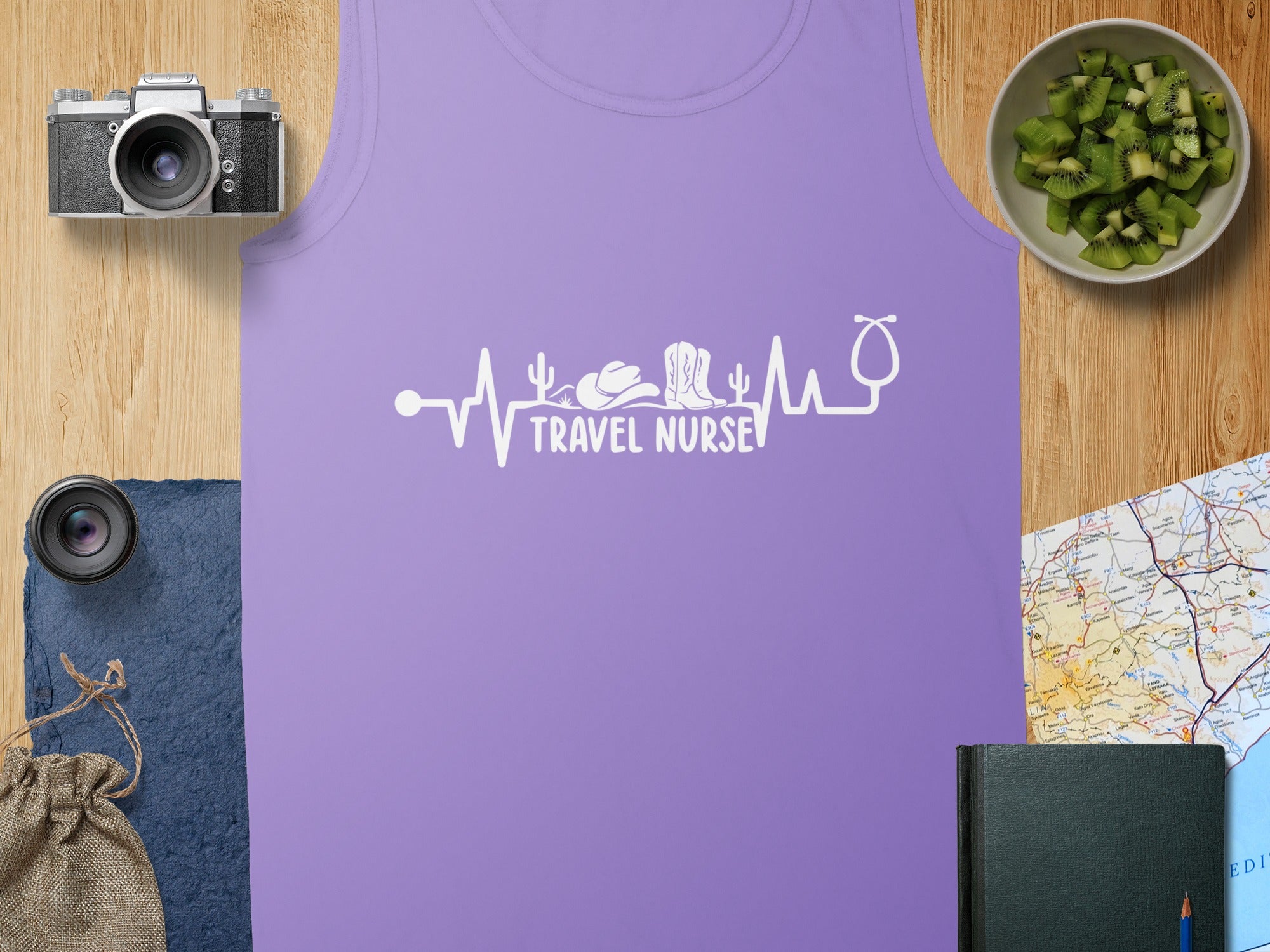 Lavender tank top with "Travel Nurse" and a heartbeat ECG graphic.