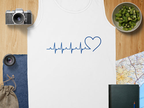 White tank top with blue heart-shaped electrocardiogram design.