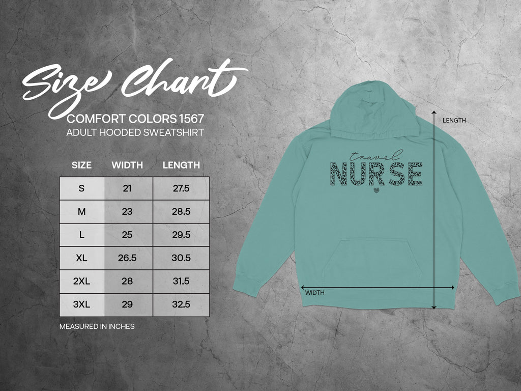 Size chart for Adult Hooded Sweatshirt, listing sizes S through 3XL with width and length measurements.
