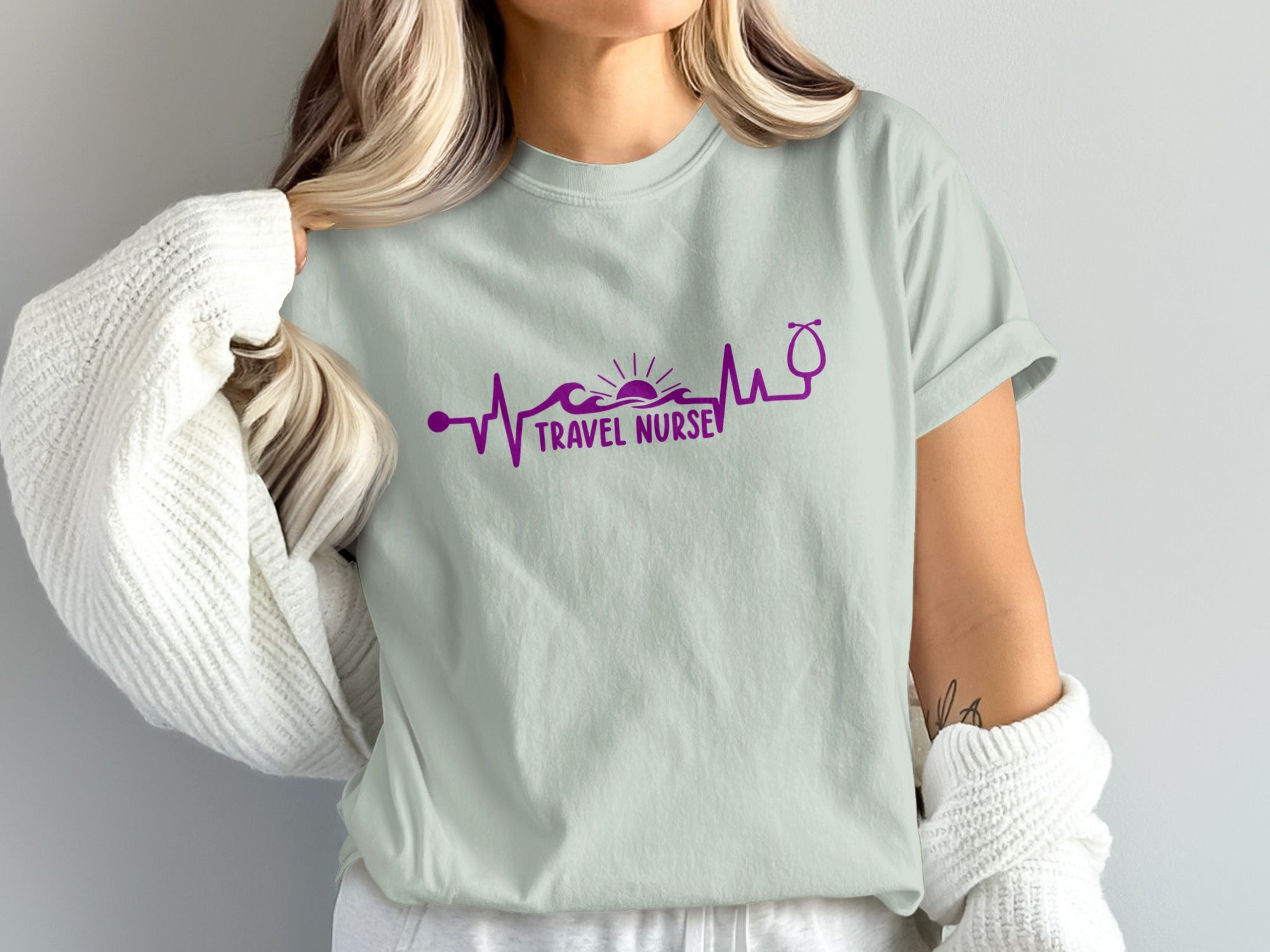 Light purple graphic with stethoscope and heartbeat waves, "Travel Nurse" text.