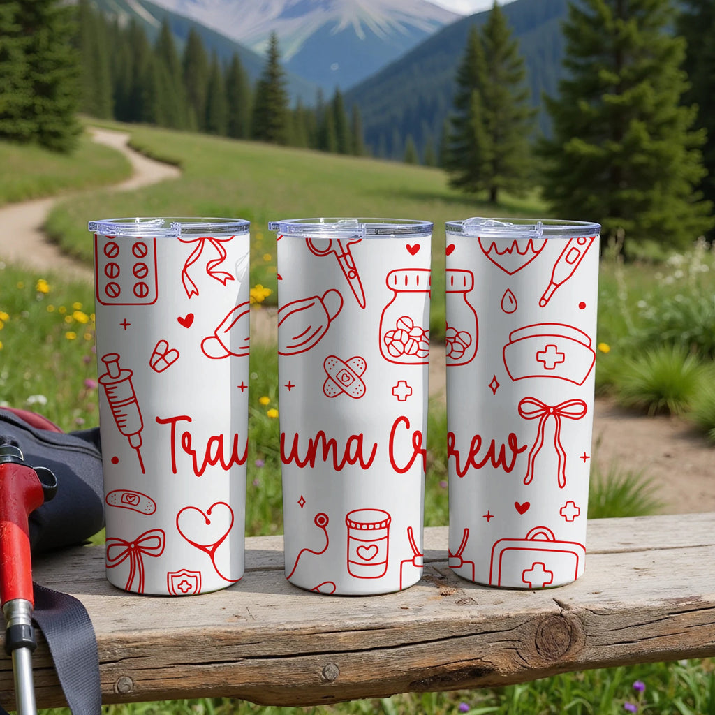 Three medical-themed tumblers with red outlines of medical items and text.