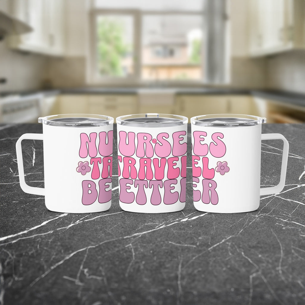 White tumblers with "Nurses travel better" text in pink cursive.