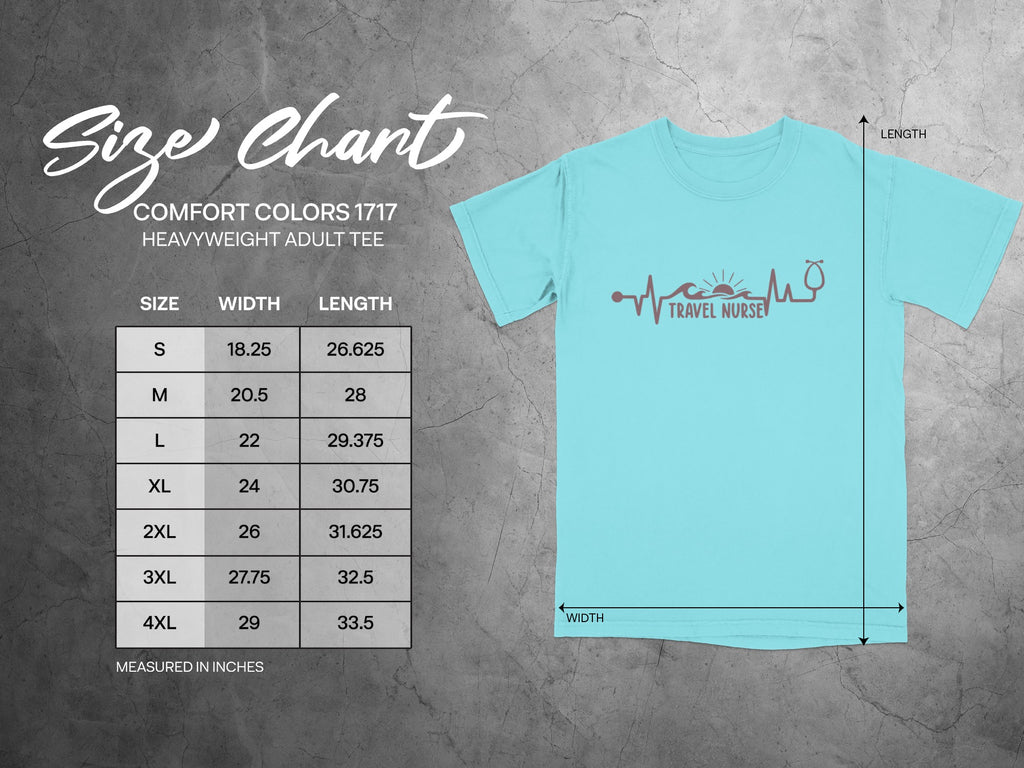 Comfort Colors 1717 heavyweight adult tee size chart showing width and length in inches.