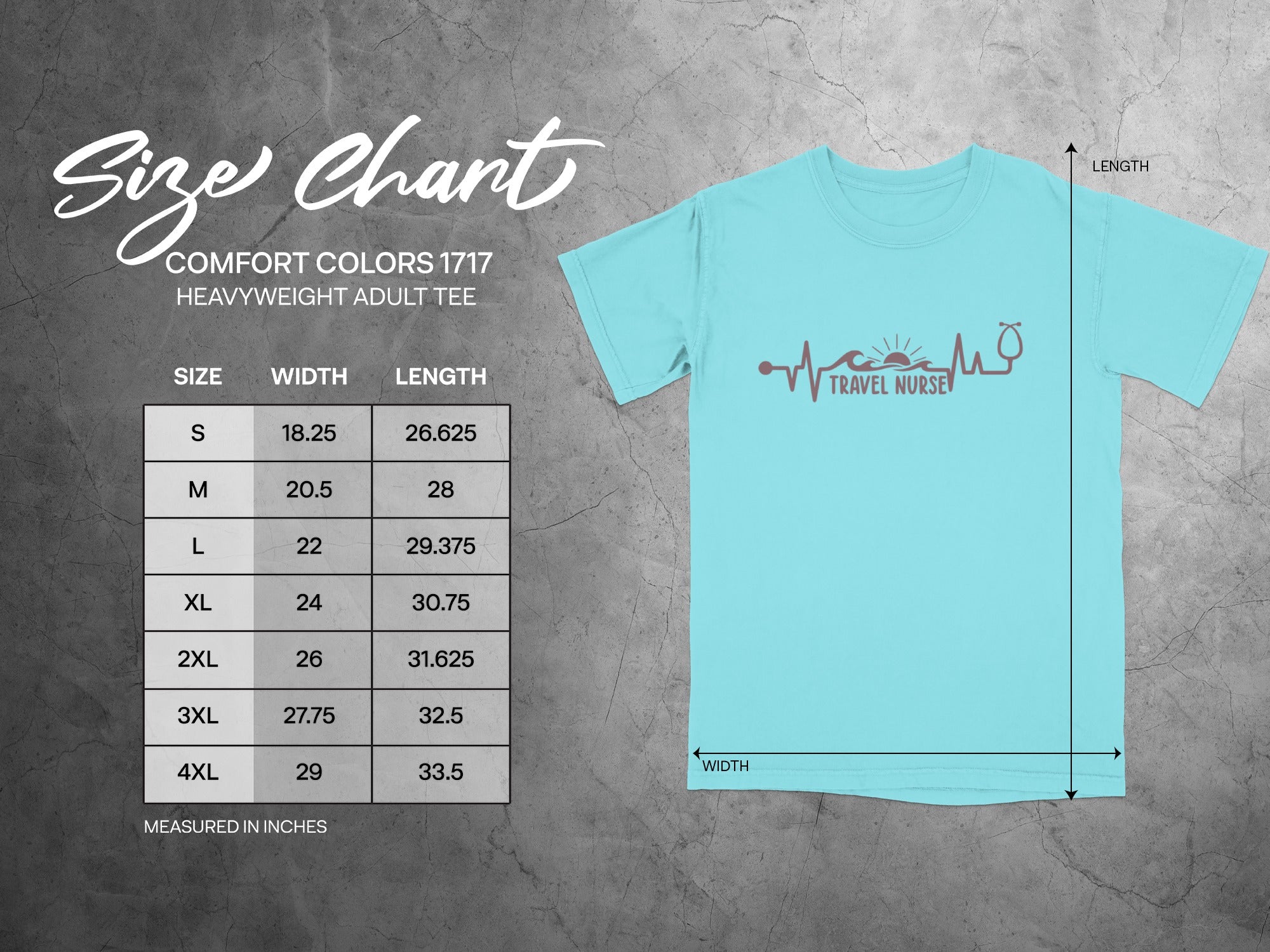 Comfort Colors 1717 heavyweight adult tee size chart showing width and length in inches.