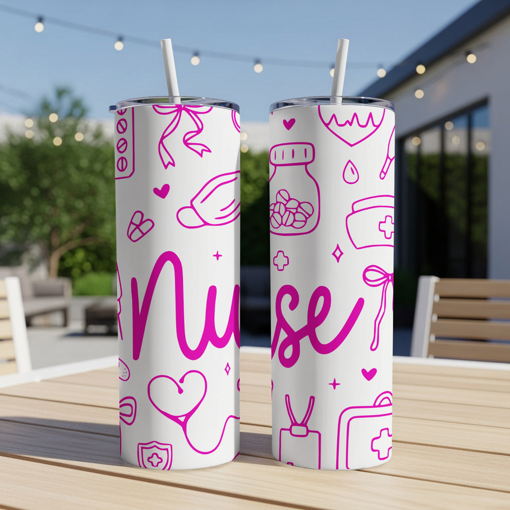 White tumbler with pink nurse-themed icons and "Nurse" text.