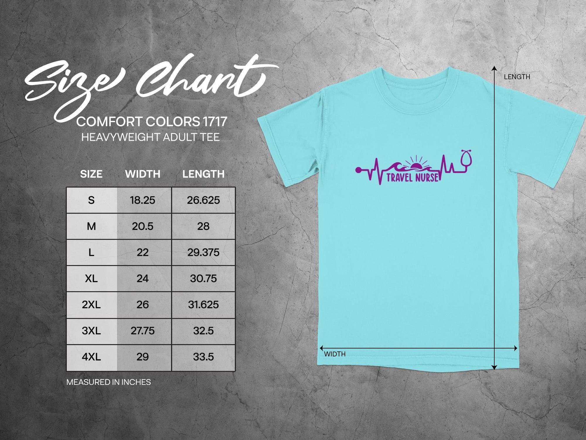 Comfort Colors 1717 size chart for heavyweight adult tees with measurements.