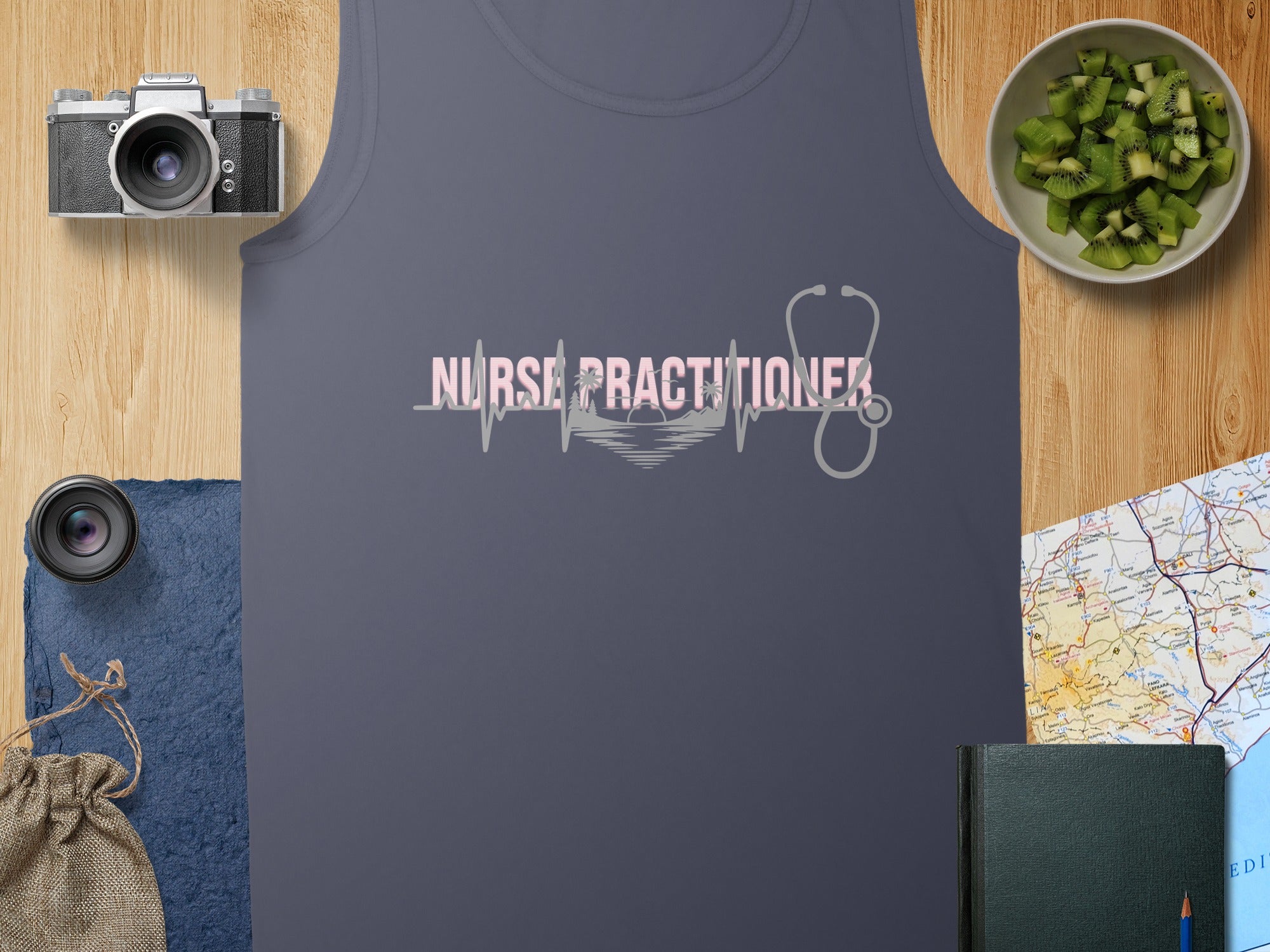 Dark gray tank top with "Nurse Practitioner" and stethoscope design.