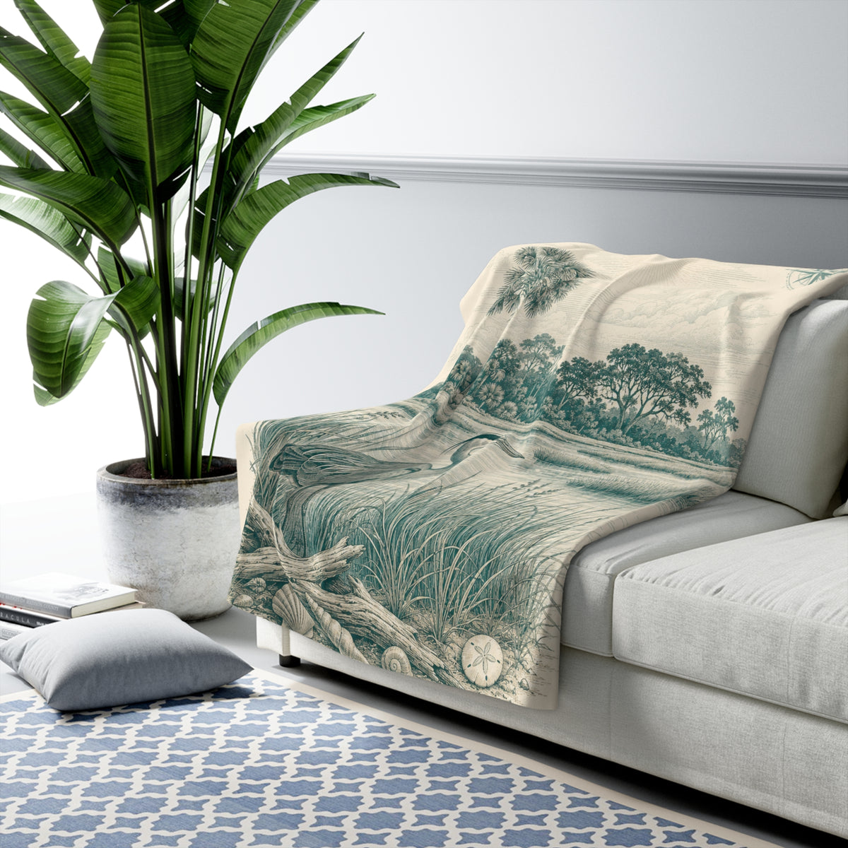 Coastal Heron Sherpa Blanket — Vintage Beach Scene Fleece Throw