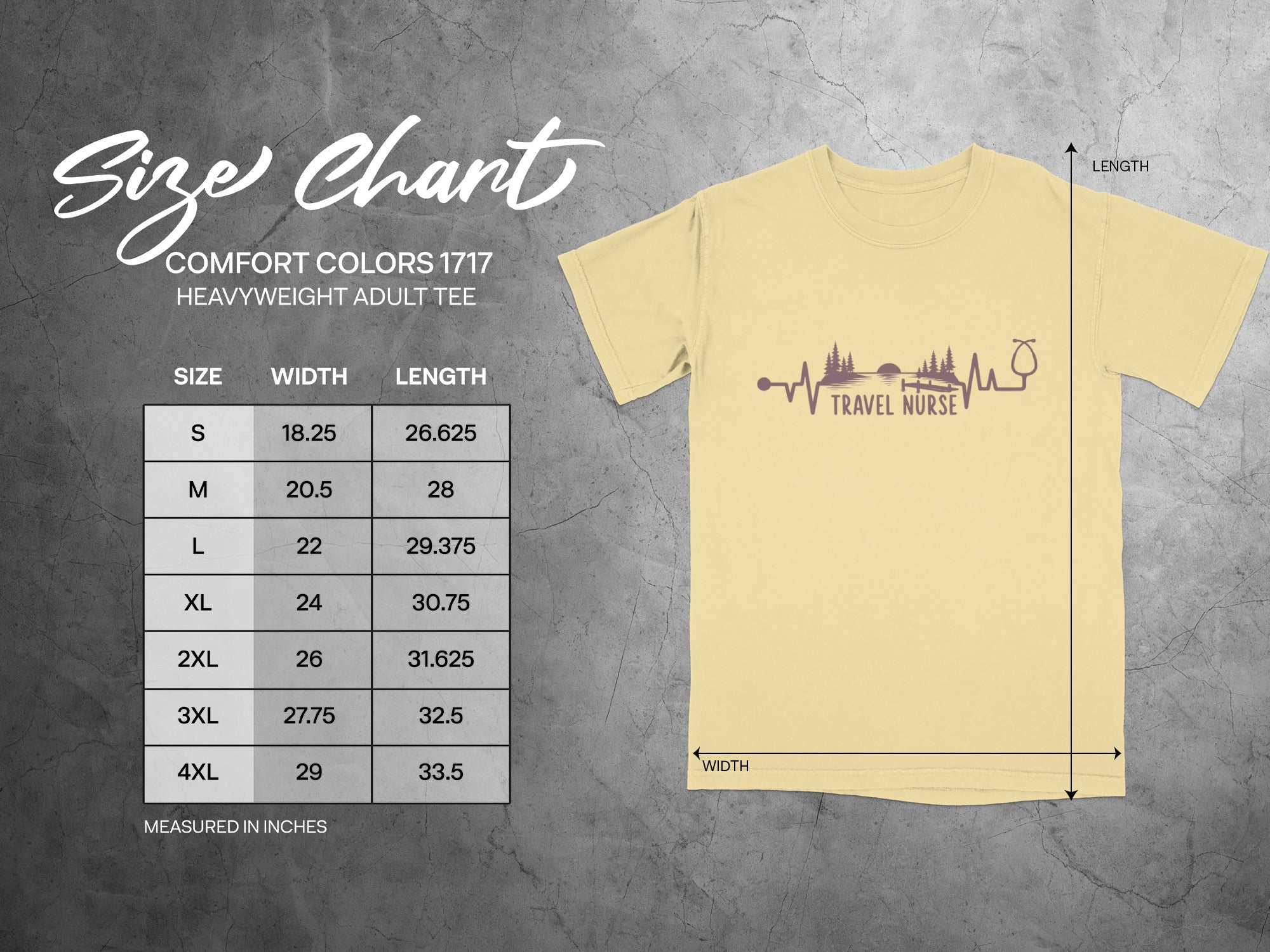 Comfort Colors 1717 size chart for heavyweight adult tee, measured in inches.