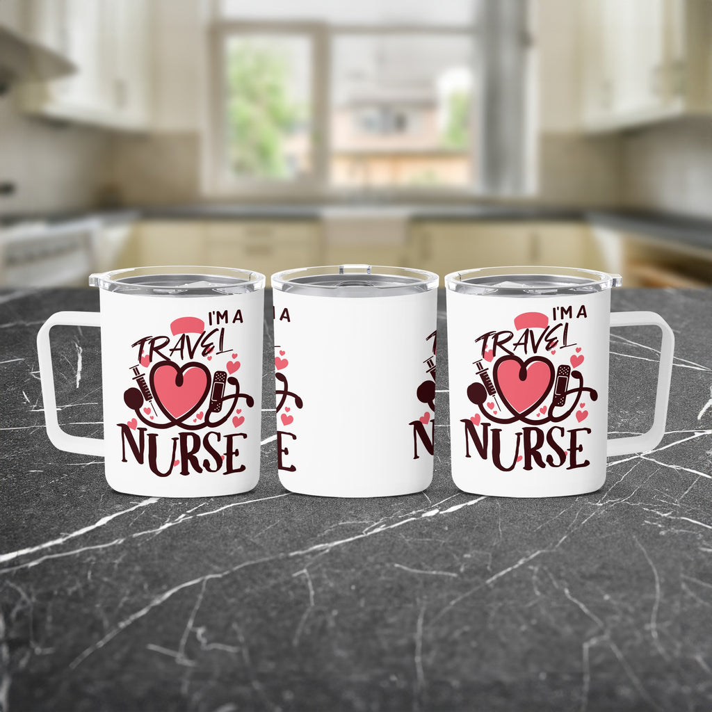 White travel mugs with "I'm a travel nurse" text and heart stethoscope graphic.