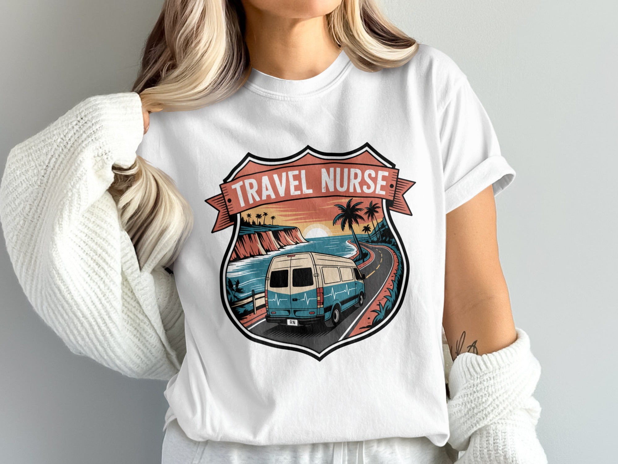 "Travel Nurse" emblem with van driving on a coastal road, palm trees, and ocean sunset.