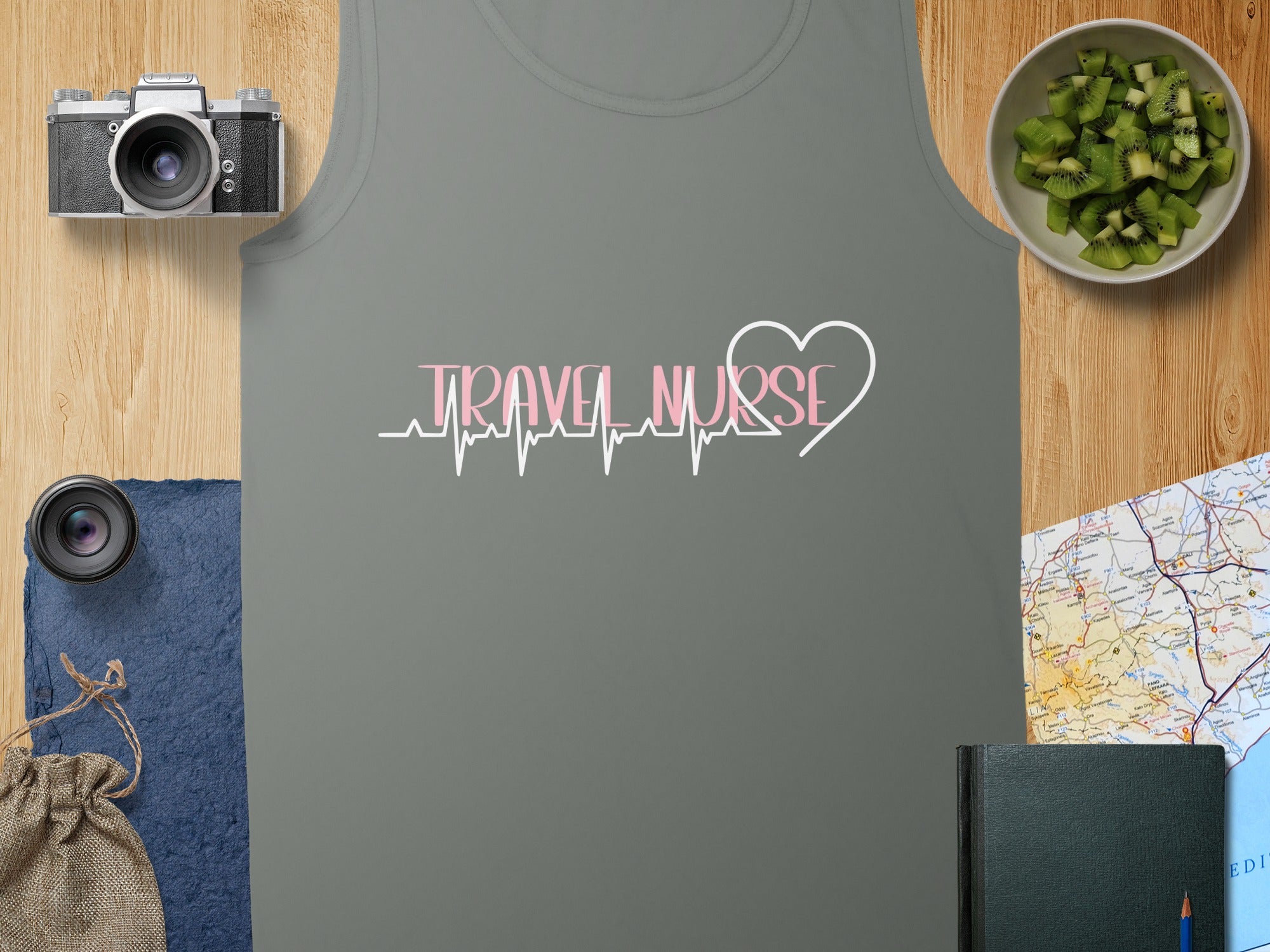 Gray tank top with "Travel Nurse" text and a heartbeat graphic.