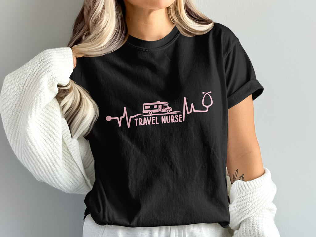 Black t-shirt with pink stethoscope and RV heartbeat graphic.