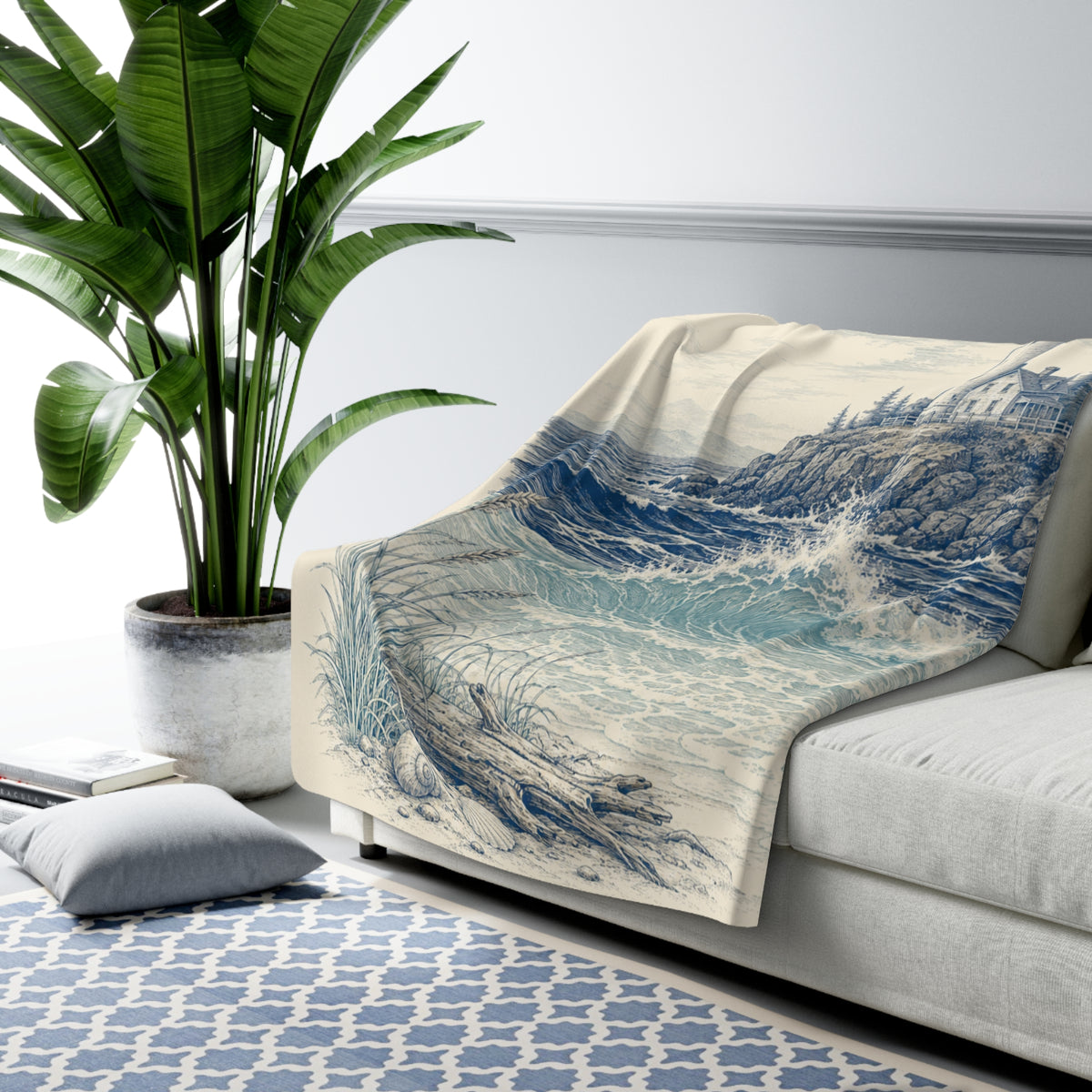 Lighthouse Coastal Sherpa Blanket — Nautical Ocean Wave Throw