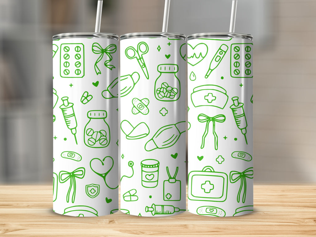 Green medical icons including syringe, stethoscope, and mask on a white tumbler.