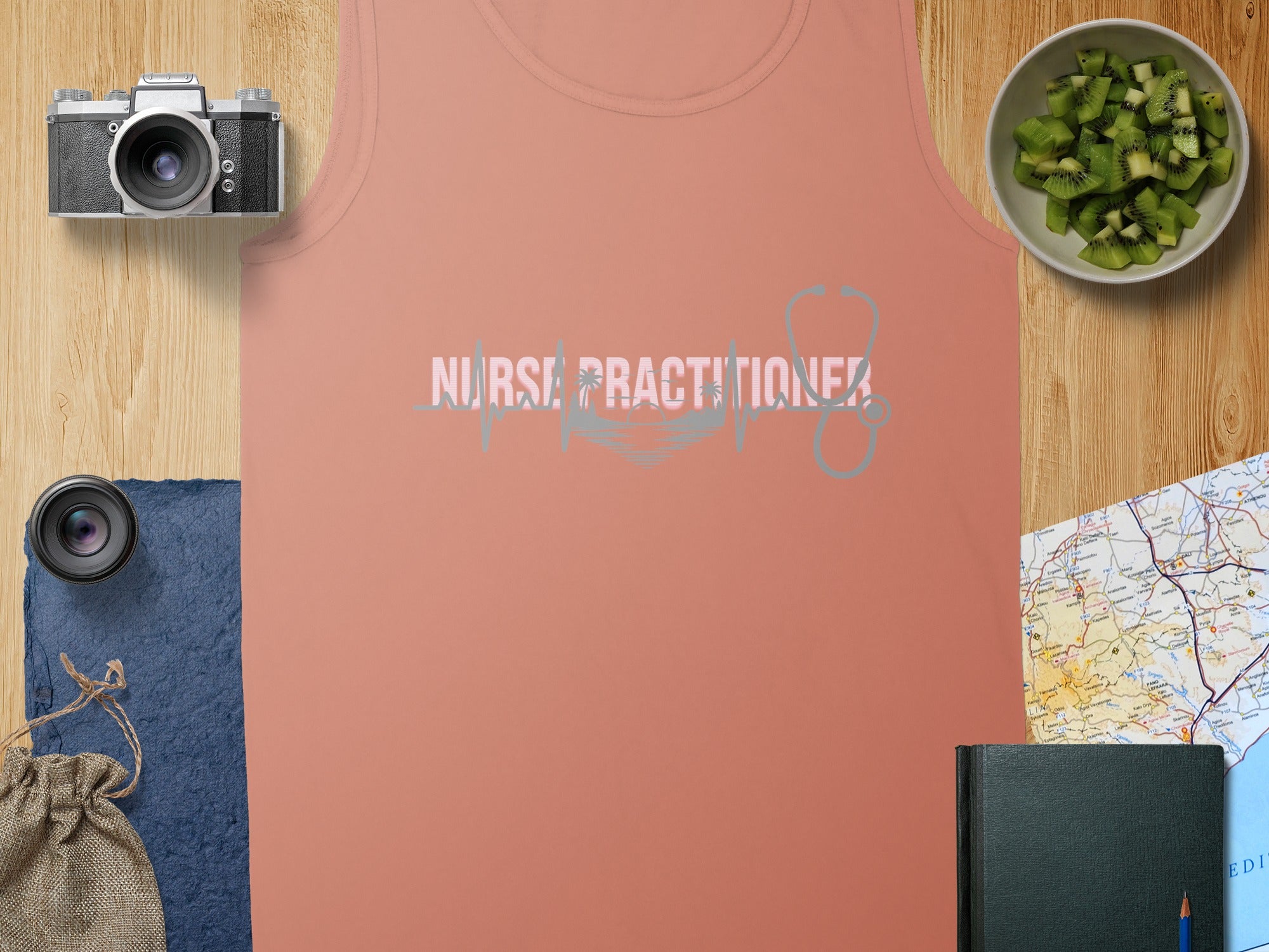 Coral tank top with "Nurse Practitioner" text and stethoscope graphic.