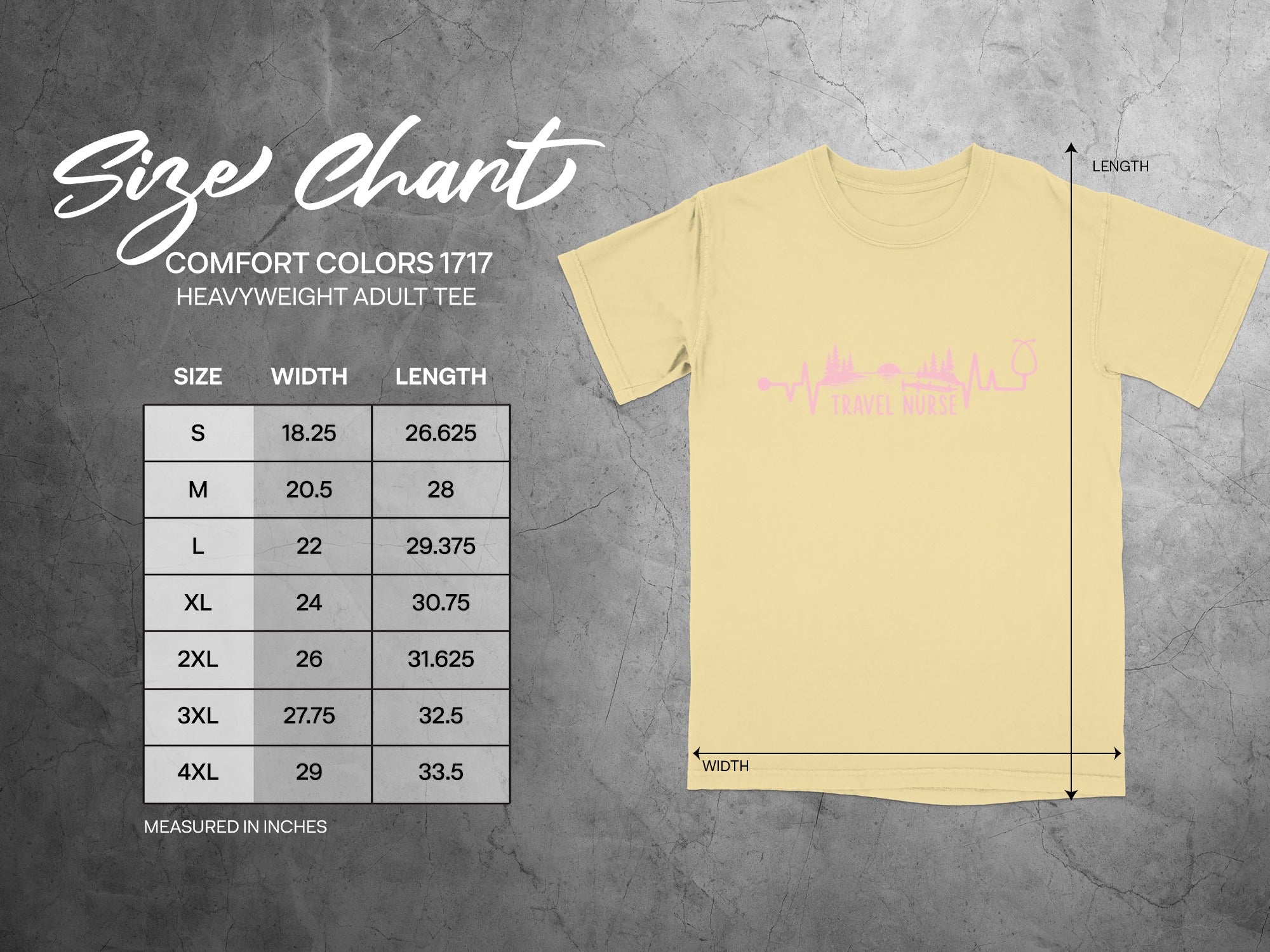 Comfort Colors 1717 heavy weight adult tee size chart with measurements.