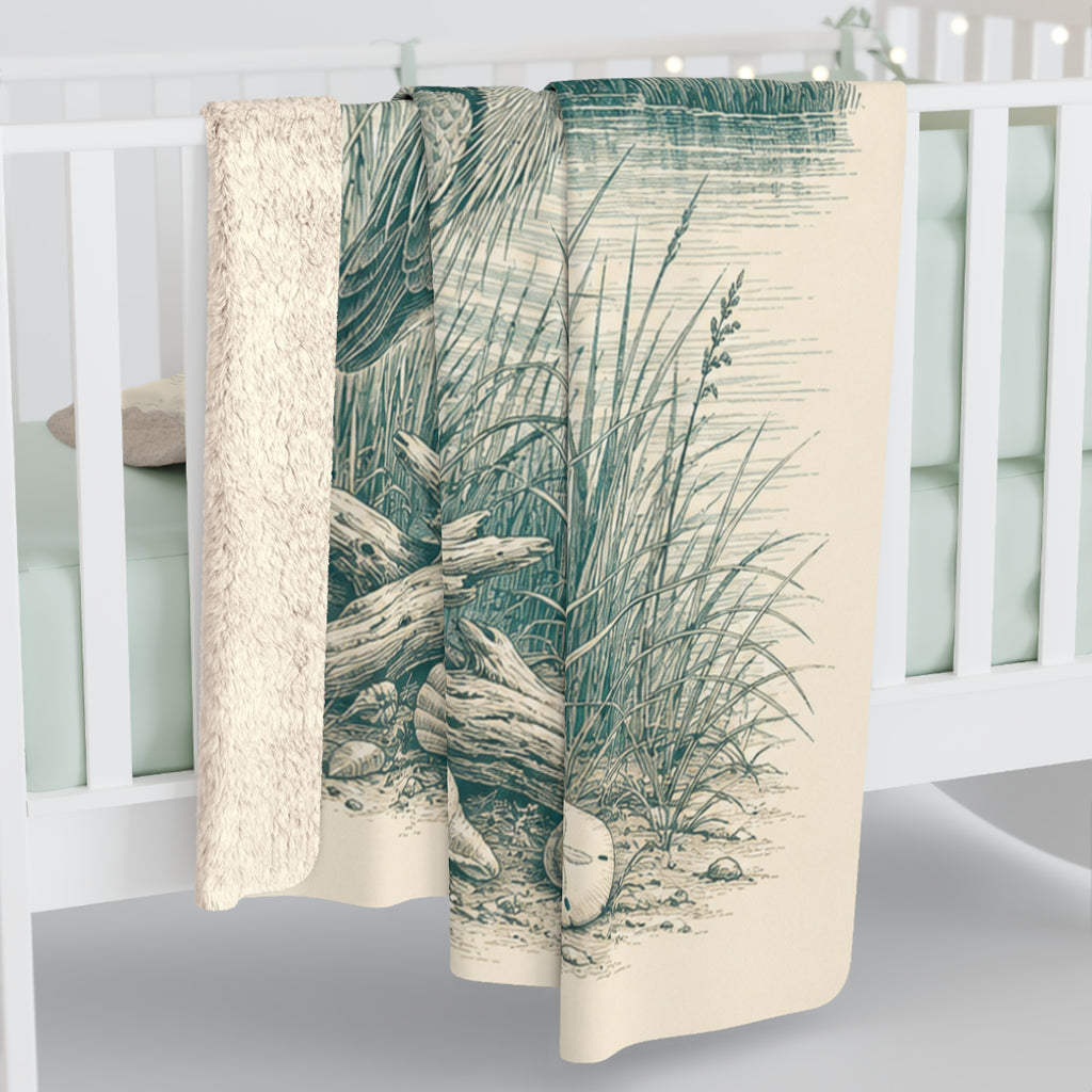 Coastal Heron Sherpa Blanket — Vintage Beach Scene Fleece Throw