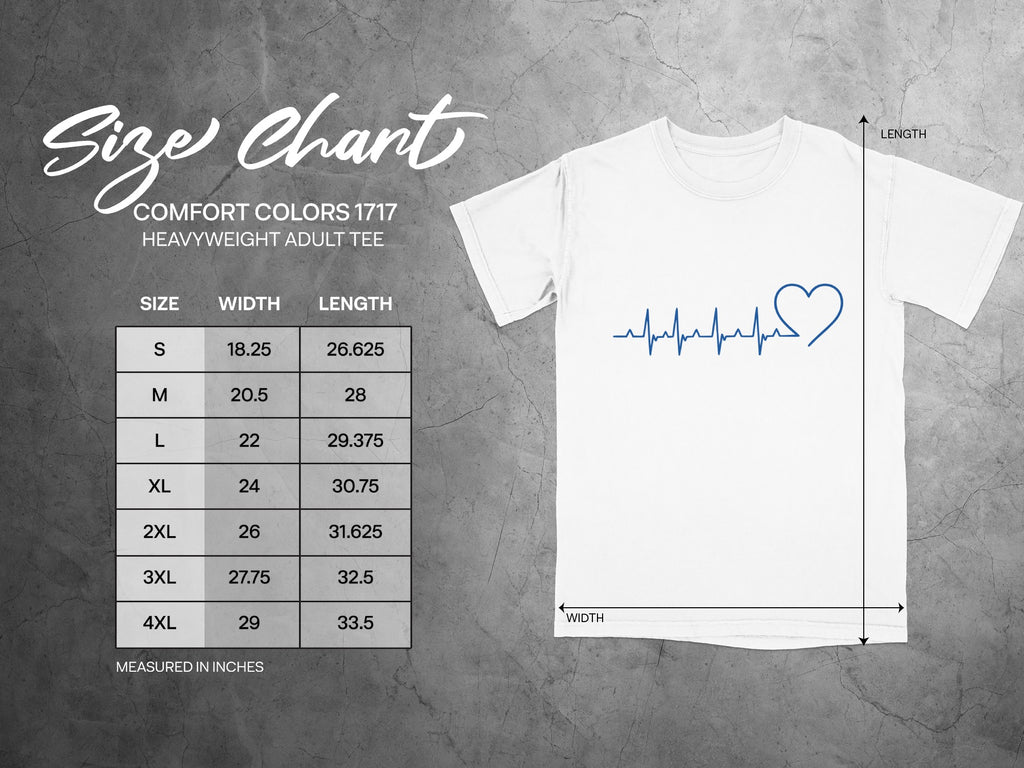 Comfort Colors 1717 heavyweight adult tee size chart with measurements.