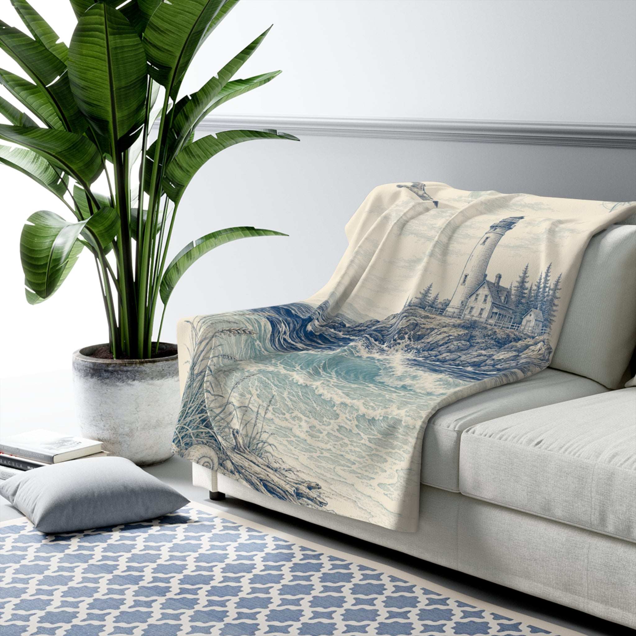 Lighthouse Coastal Sherpa Blanket — Nautical Ocean Wave Throw