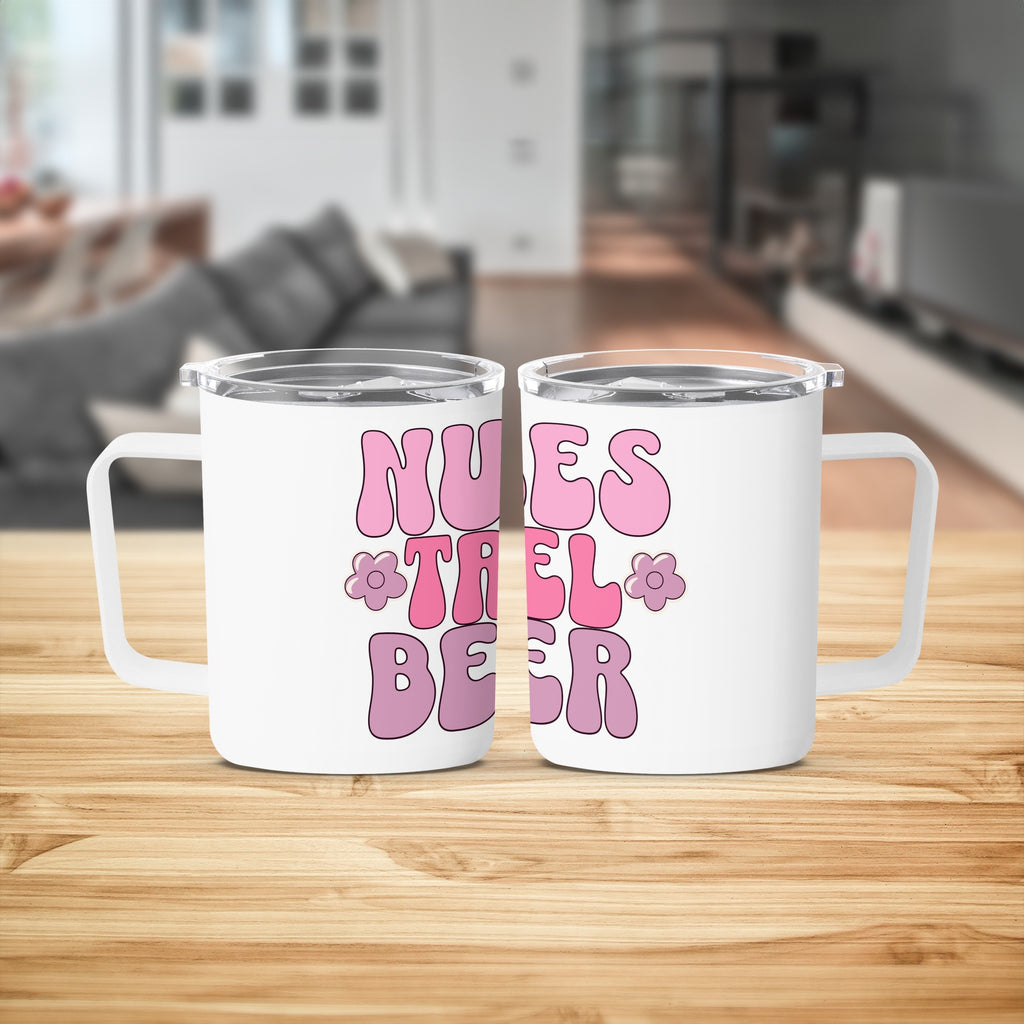 Two white mugs with "Nurses fuel the beer" text and pink floral accents.
