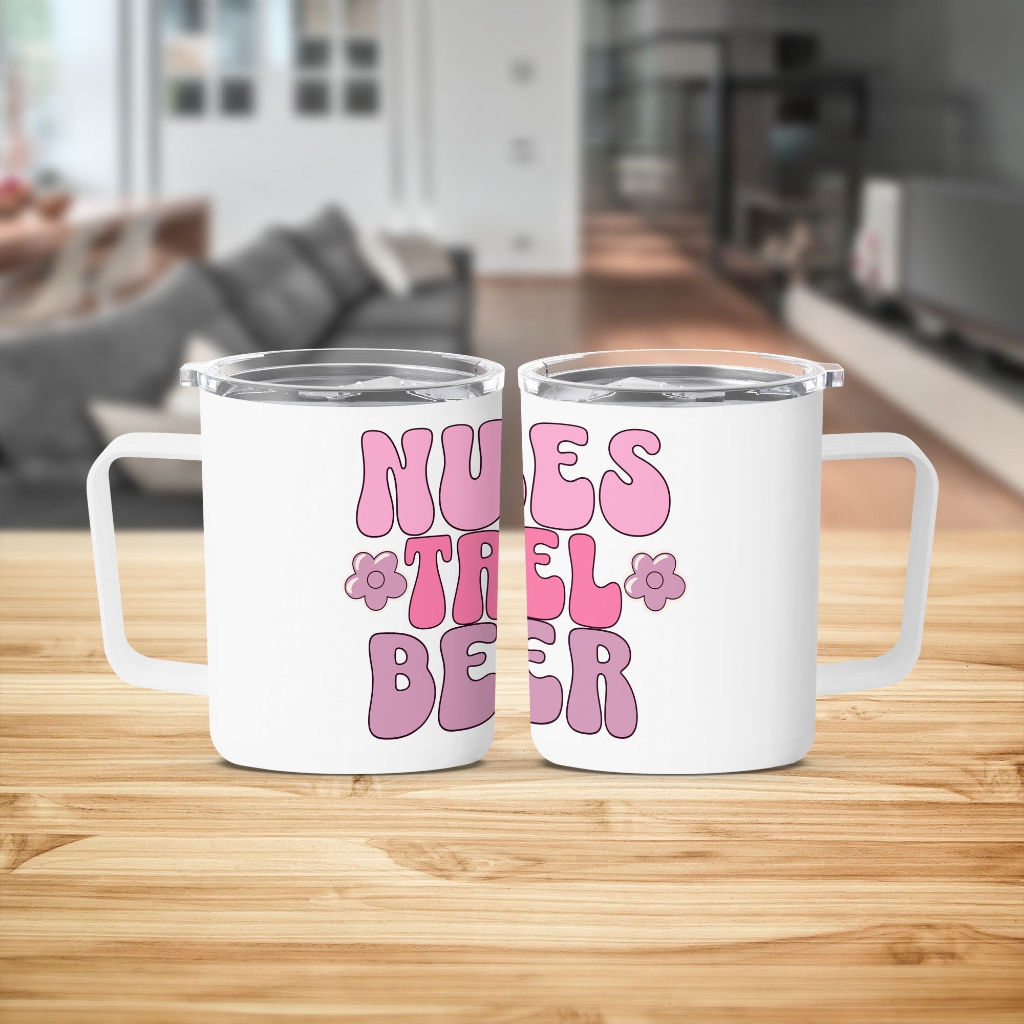 Two white mugs with "Nurses fuel the beer" text and pink floral accents.