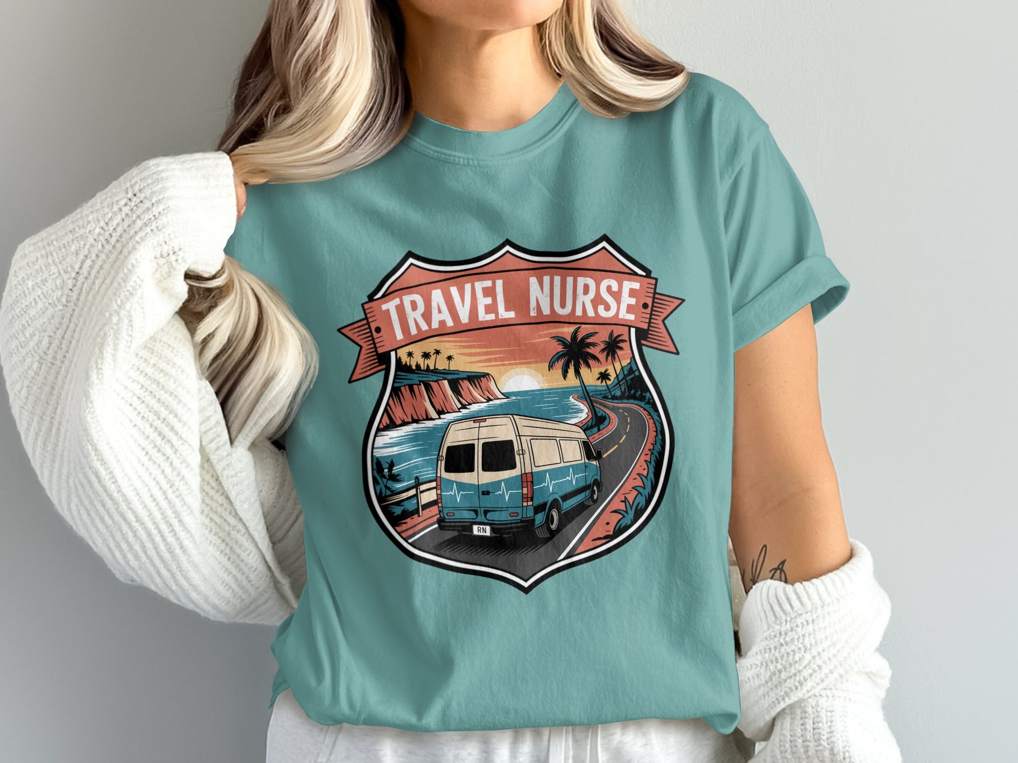 Van driving on scenic coastal highway under sunset, "Travel Nurse" text.