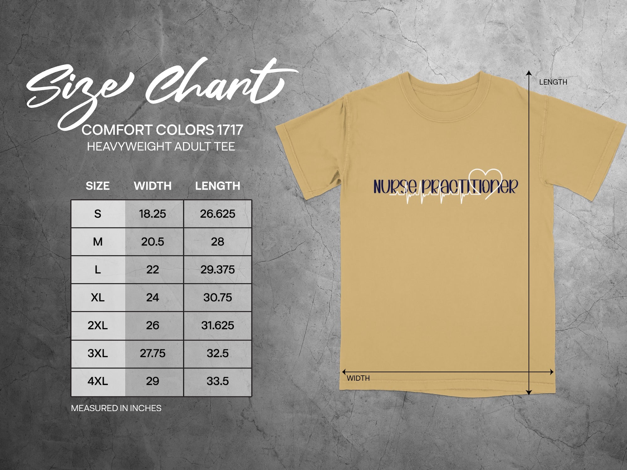Comfort Colors 1717 heavyweight adult tee size chart for nurse practitioner shirts.