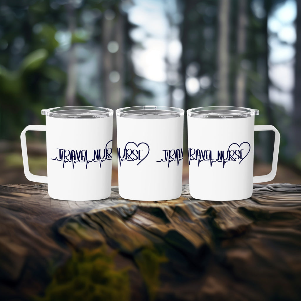 Three white travel mugs with "TRAVEL NURSE" and a heartbeat line design.