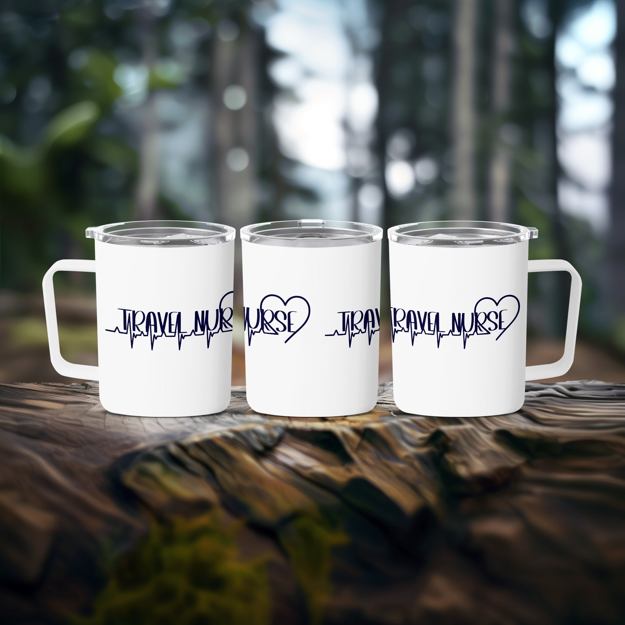 Three white travel mugs with "TRAVEL NURSE" and a heartbeat line design.
