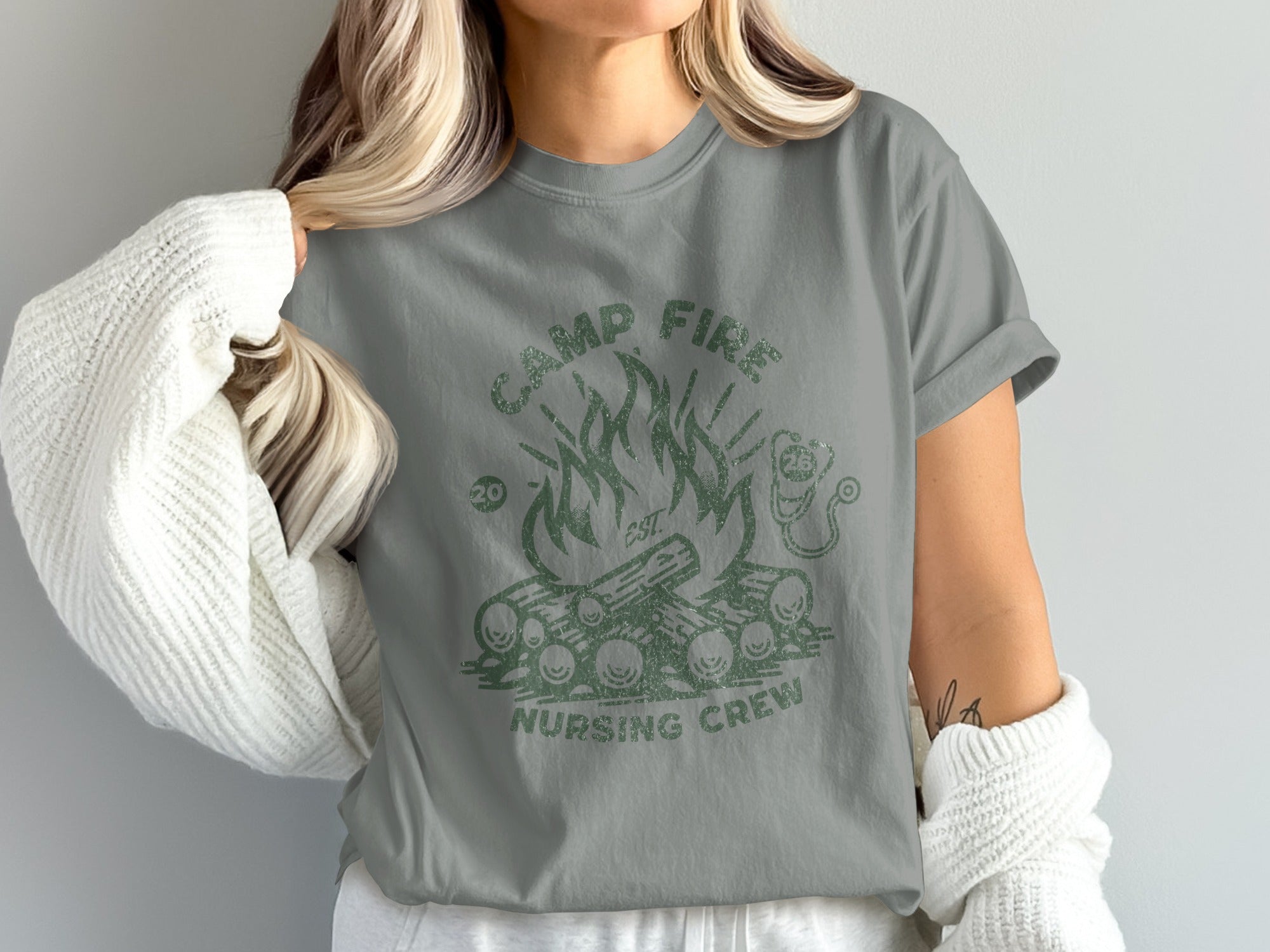 Gray t-shirt with "Camp Fire Nursing Crew" and a campfire graphic.