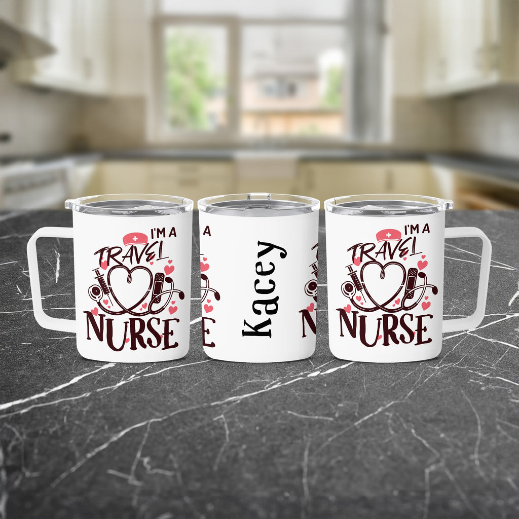 Travel nurse mug with stethoscope, hearts, and name "Kacey" on a black surface.