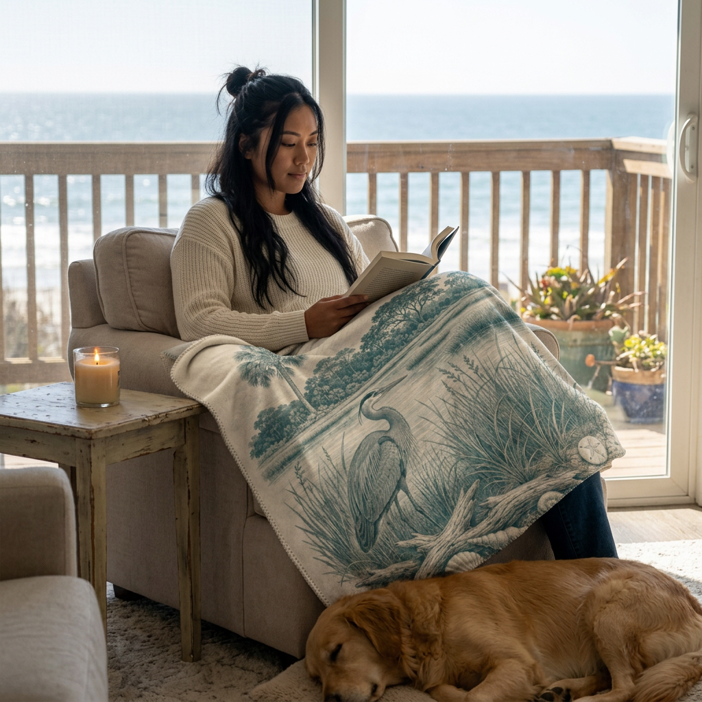 Coastal Heron Sherpa Blanket — Vintage Beach Scene Fleece Throw