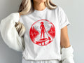 Woman stand-up paddleboarding on lake with mountains and heart monitor graphic.