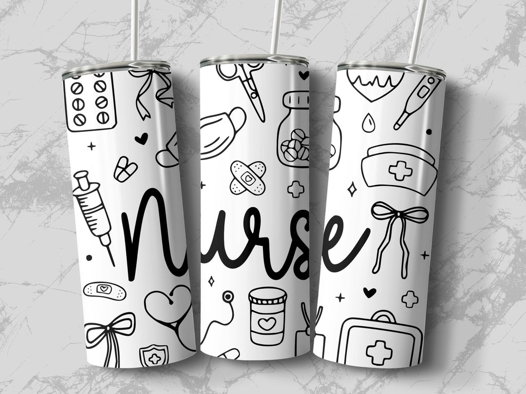 Nurse tumbler with medical doodles and a marble background.