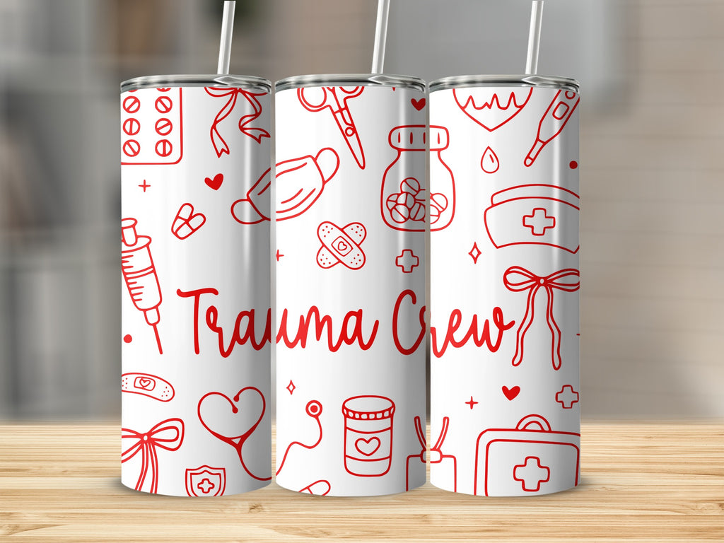 Tumbler with red medical icons and "Trauma Crew" text.