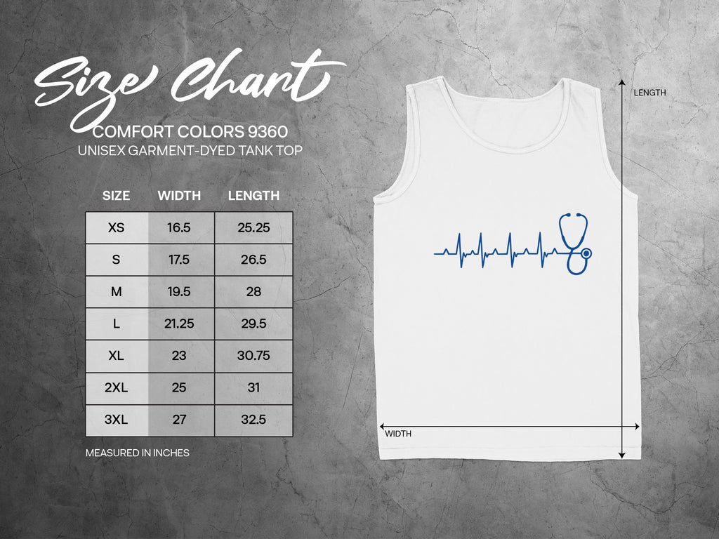Comfort Colors 9360 unisex tank top size chart with measurements in inches.