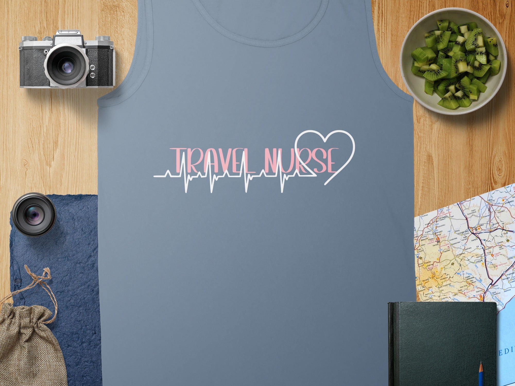 Gray tank top with "TRAVEL NURSE" and heartbeat graphic.