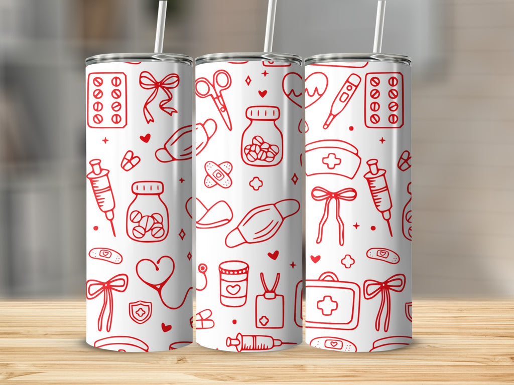 Red medical icons on a white tumbler, including a stethoscope, syringe, and medical bag.