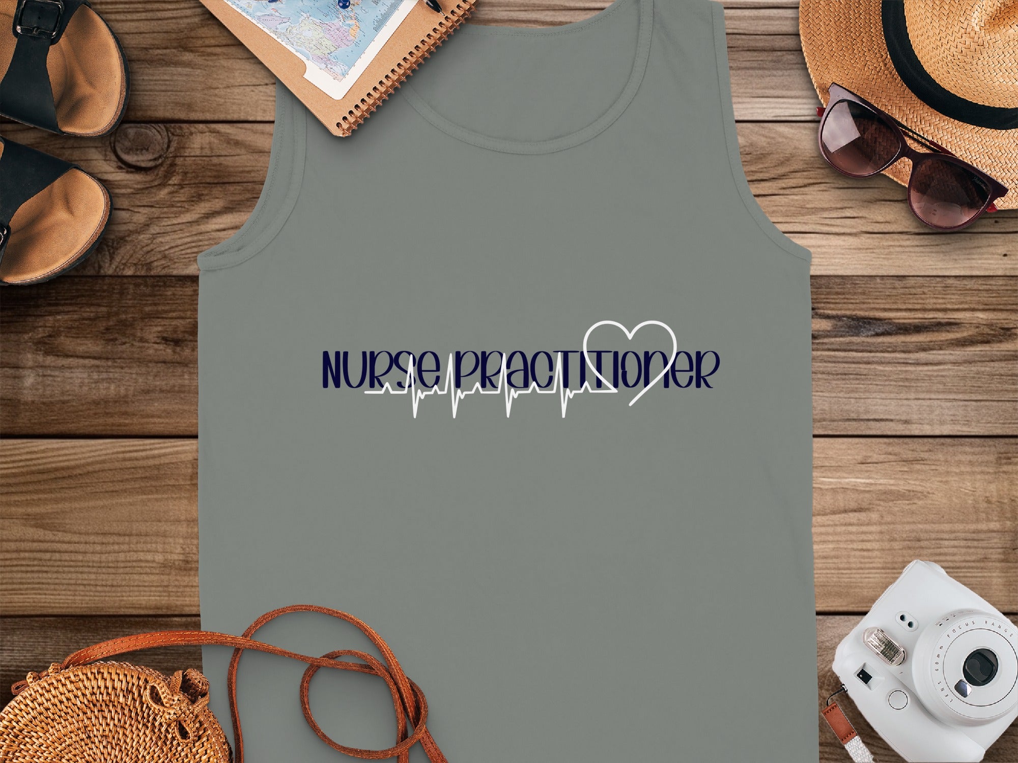 Gray tank top with "Nurse Practitioner" and a heartbeat EKG graphic.