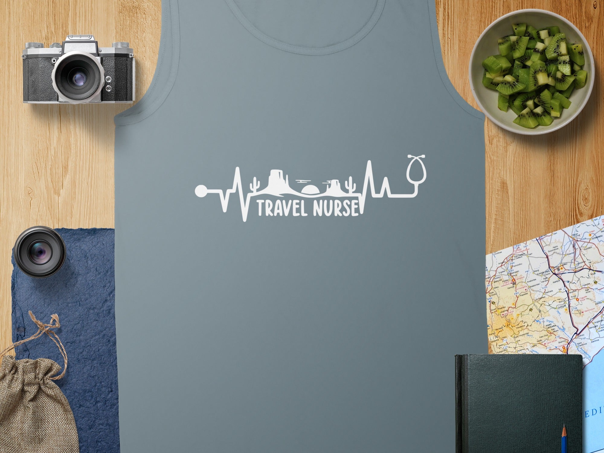 Grey tank top with white travel nurse heartbeat and stethoscope graphic.