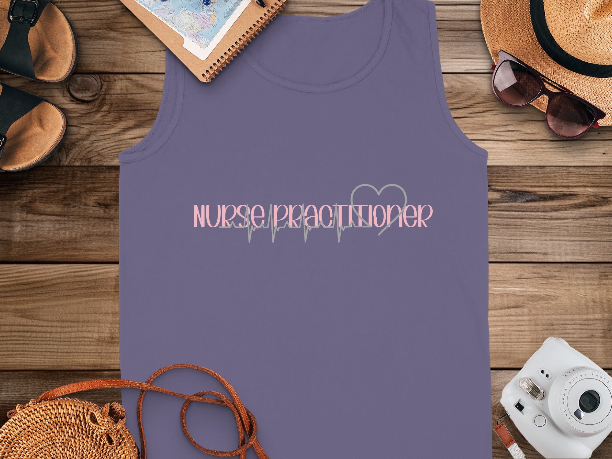Purple tank top with "Nurse Practitioner" text and heartbeat graphic.