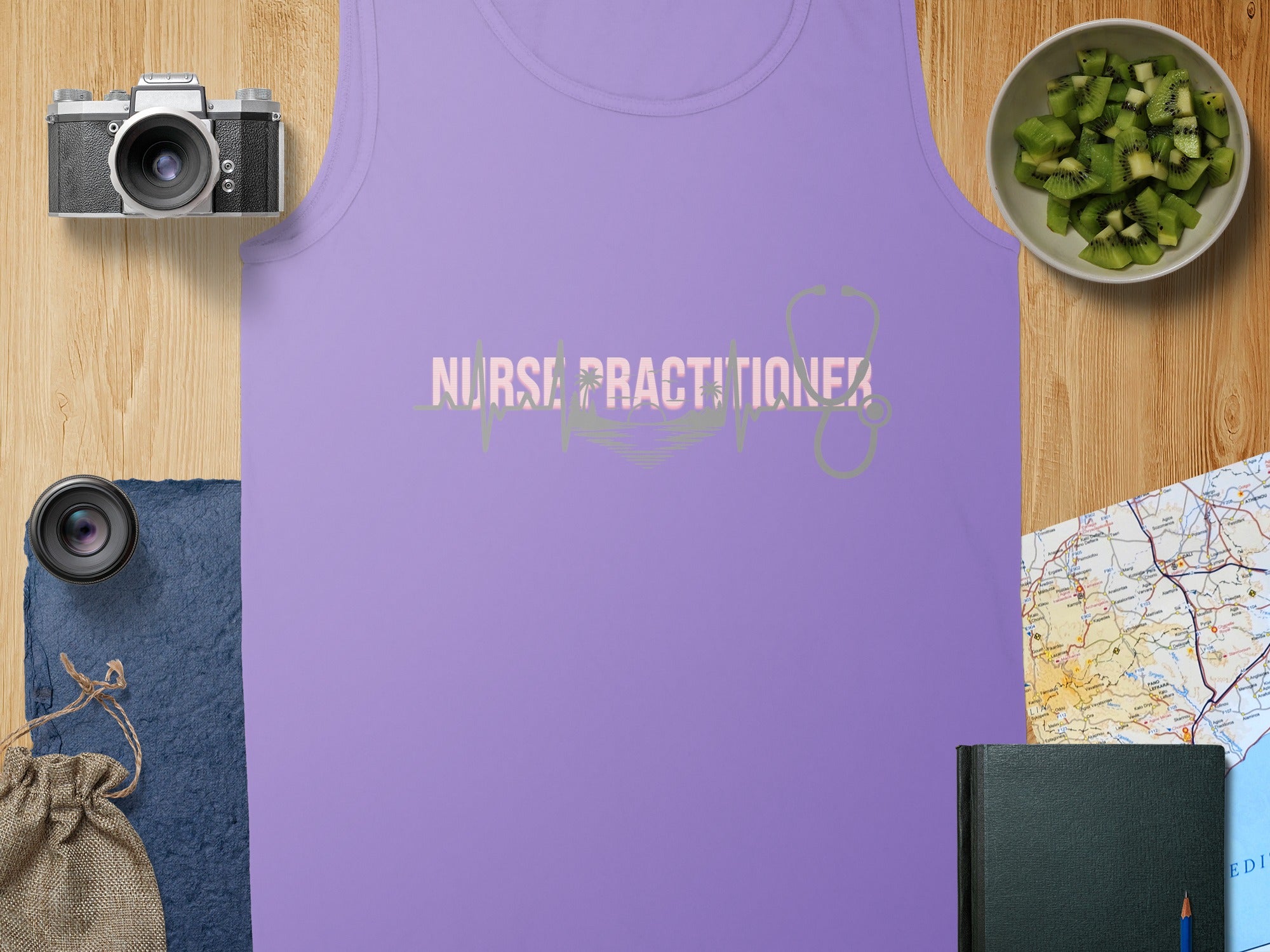 Purple tank top with "Nurse Practitioner" and stethoscope graphic.